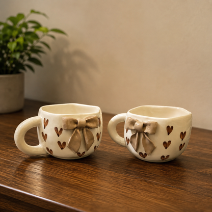 Elegant Bow Ceramic Cup Set of 2 (250 ml Each) | Premium Food Grade Ceramic Coffee & Tea Mugs