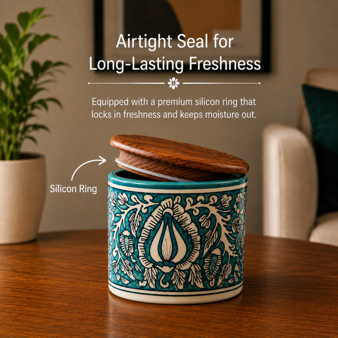 Royal Elegance Handcrafted Ceramic Jar Set of - 2 with Airtight Wooden Lid, 750 ml, Hand-Painted Storage Jar for Tea, Coffee, Sugar & Dry Fruits