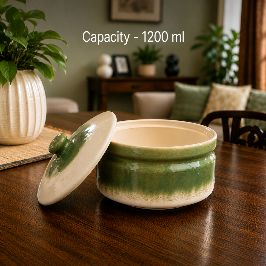 Olive Crest Handcrafted Ceramic Casserole with Lid, 1200 ml | Premium Food Grade Ceramic | Microwave & Dishwasher Safe | Ideal for Rice, Biryani, Dal, Curry, Pasta & Desserts