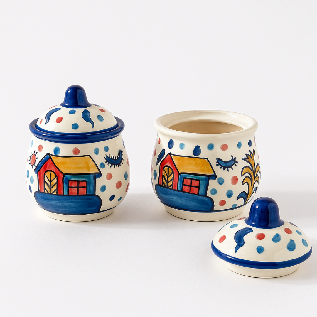 Sunny Village Ceramic Jar set of 2 ( 350 ml each ) for storing Spices, Sugar, Dry fruits, Pickle, Jam or knick-knacks.