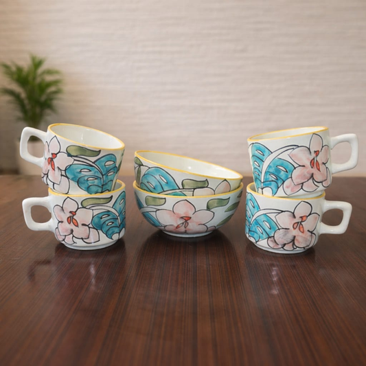 Coastal Flora Hand–Painted Ceramic Breakfast Set - 2 bowls + 4 cups