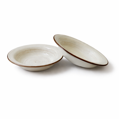 Cocoa Elegance Dining Combo (Set of 4) - 2 Ceramic Deep Plates & 2 Glasses (250 ml) | Premium Brown Rim Finish | Ideal for Idli, Pasta, Noodles & Desserts | Microwave & Dishwasher Safe