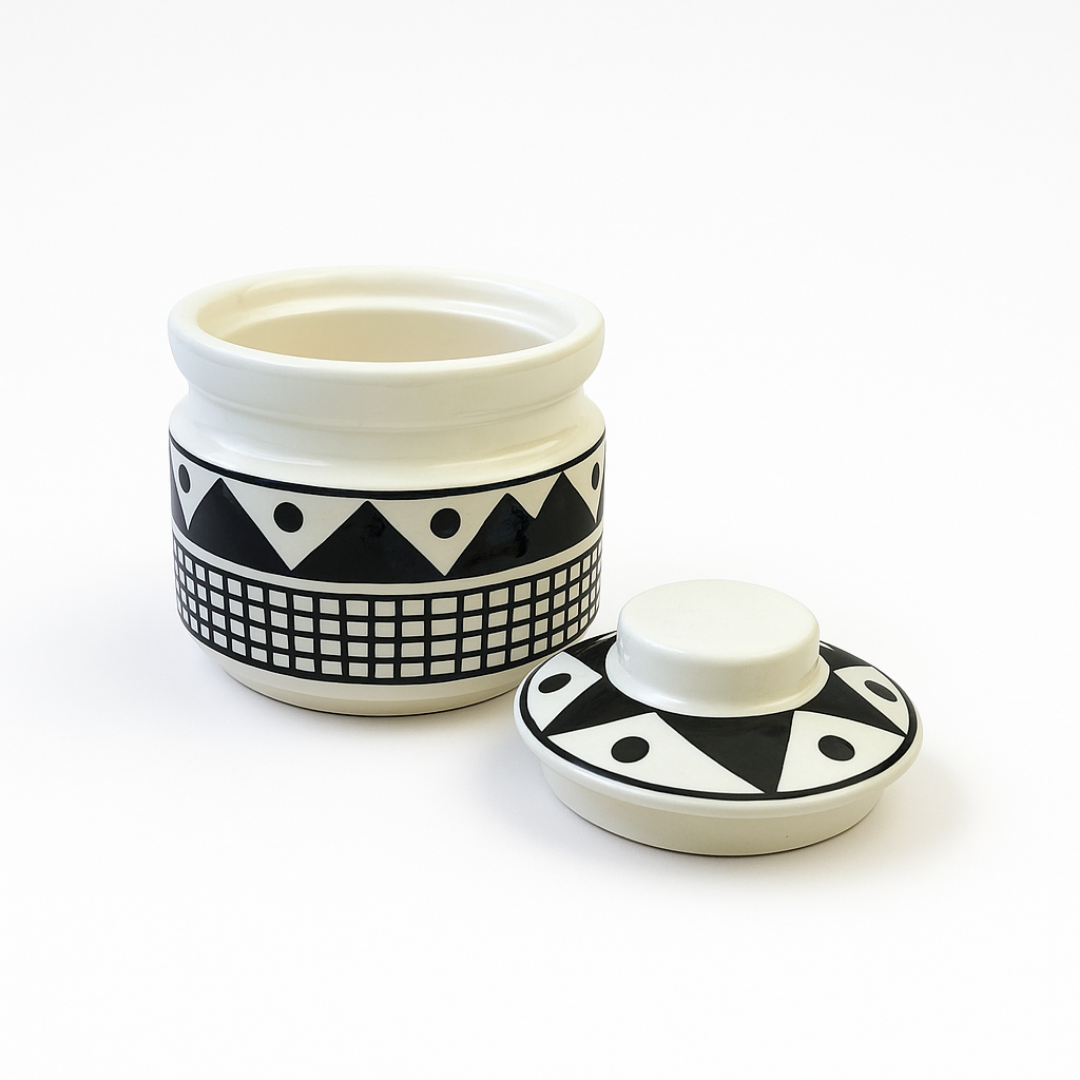 Ceramic Monochrome Charm Jar ( 600 ml capacity ) for storing Spices, Sugar, Dry fruits, Pickle, Cookies or knick-knacks.