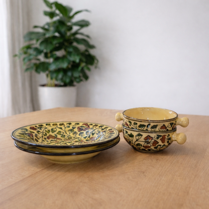 Garden Vine Handcrafted Ceramic Deep Plate & Bowl Combo ( 2 Deep Plates + 2 Bowls ) Premium Dining & Gifting