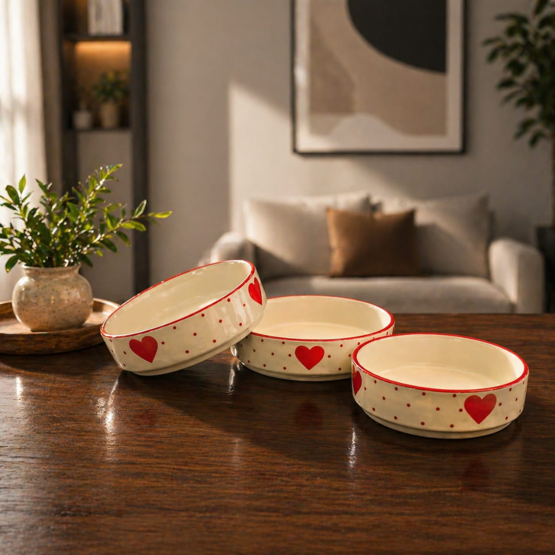 Heart Bliss Hand-painted Ceramic Serving Platter Set of 3 | Premium Salad, Starter & Curry Serving Dishes