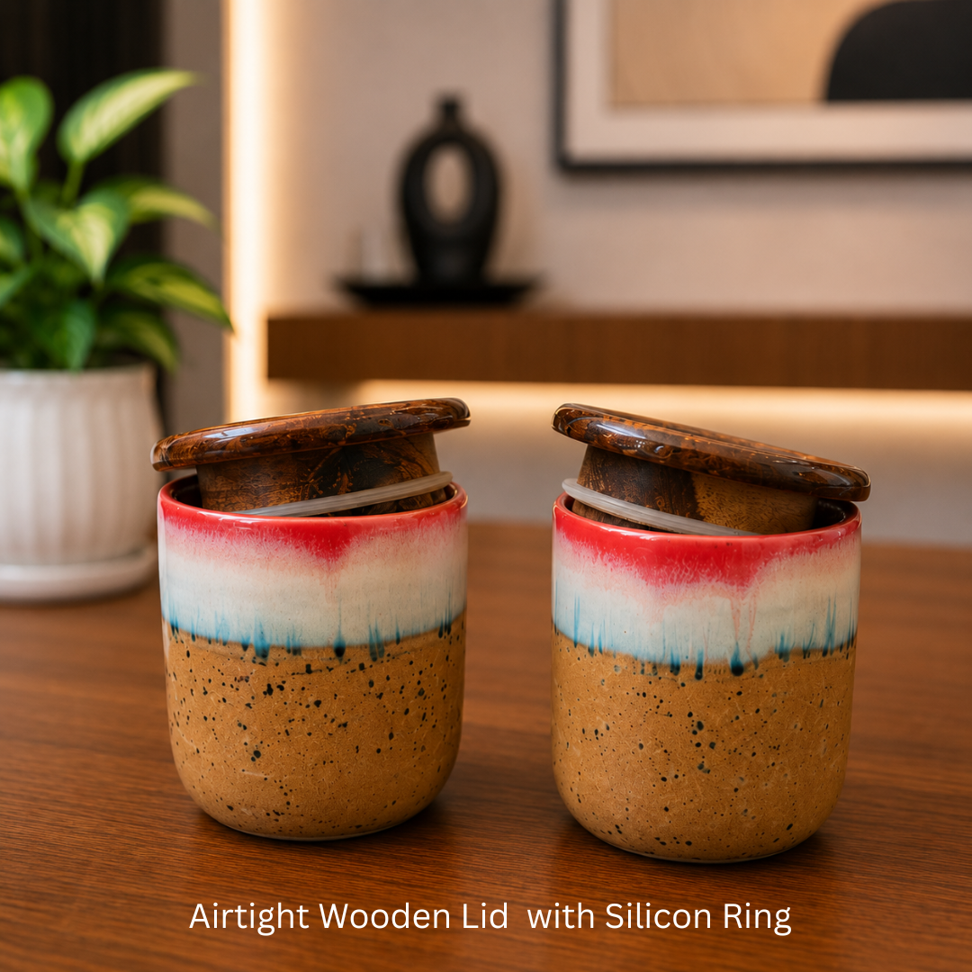 Sunrise Glaze Ceramic Jar Set of 2, 220 ml Each, with Airtight Wooden Lids, 2 Wooden Spoons & Ceramic Bottom Tray | Handcrafted Food Storage Containers for Tea, Coffee, Sugar, Spices & Dry Fruits