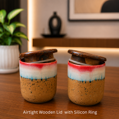 Sunrise Glaze Ceramic Jar Set of 2, 220 ml Each, with Airtight Wooden Lids, 2 Wooden Spoons & Ceramic Bottom Tray | Handcrafted Food Storage Containers for Tea, Coffee, Sugar, Spices & Dry Fruits