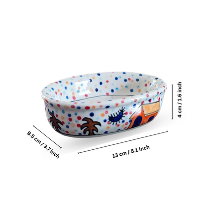 Multicolour Hut Painting Ceramic Bathroom Accessories Set of 3 with Liquid Soap Dispenser, Toothbrush Holder & Soap Dish