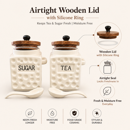 Ceramic Tea & Sugar Jar Set of 2 | 600 ml Each | Wooden Lids with Silicone Seal | Ceramic Spoons & Side Slots