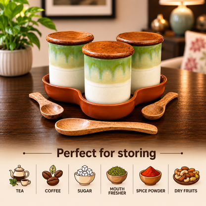 Woodland Trio Ceramic Jar Set of 3, 220 ml Each, with Airtight Wooden Lids, 3 Wooden Spoons & Ceramic Bottom Tray | Handcrafted Food Storage Containers for Tea, Coffee, Sugar, Spices & Dry Fruits