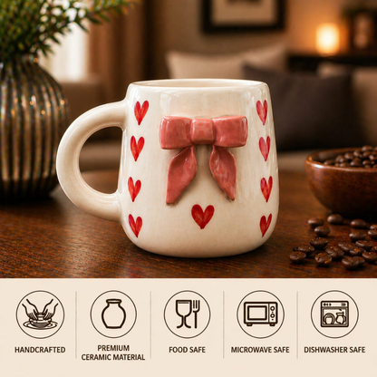 Sweet Heart Bow Ceramic Mug Set of 2, (Red Heart Design, 350 ml) - Premium Coffee. Tea  & Milk Mugs with 3D Bow, Microwave & Dishwasher Safe, Perfect Gift for any occasion & Daily Use