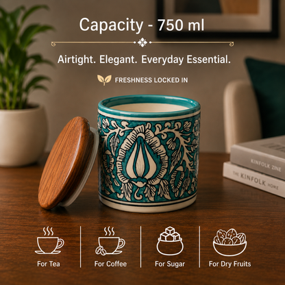 Royal Elegance Handcrafted Ceramic Jar Set of - 2 with Airtight Wooden Lid, 750 ml, Hand-Painted Storage Jar for Tea, Coffee, Sugar & Dry Fruits