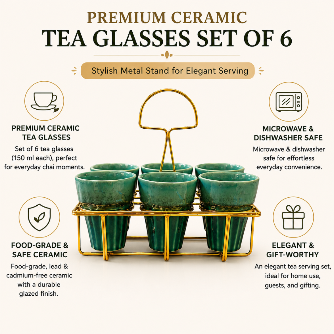 Regal Sip Ceramic Tea Glass Set of 6 (150 ml Each) with Premium Metal Stand | Chai Glasses Set