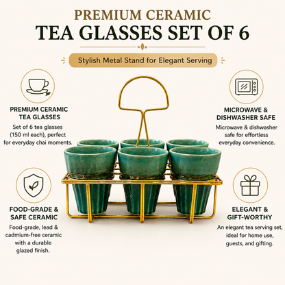 Regal Sip Ceramic Tea Glass Set of 6 (150 ml Each) with Premium Metal Stand | Chai Glasses Set