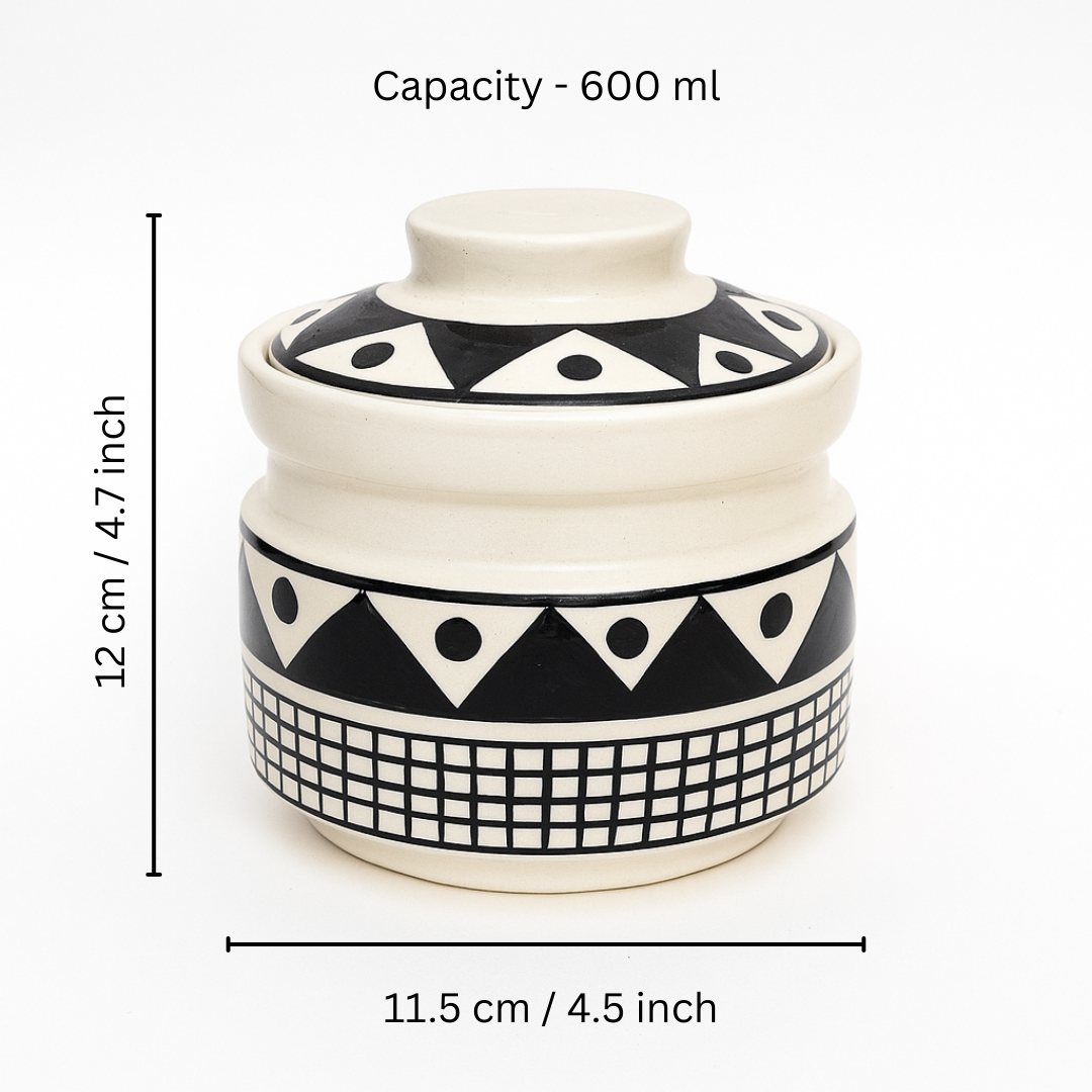 Ceramic Monochrome Charm Jar ( 600 ml capacity ) for storing Spices, Sugar, Dry fruits, Pickle, Cookies or knick-knacks.