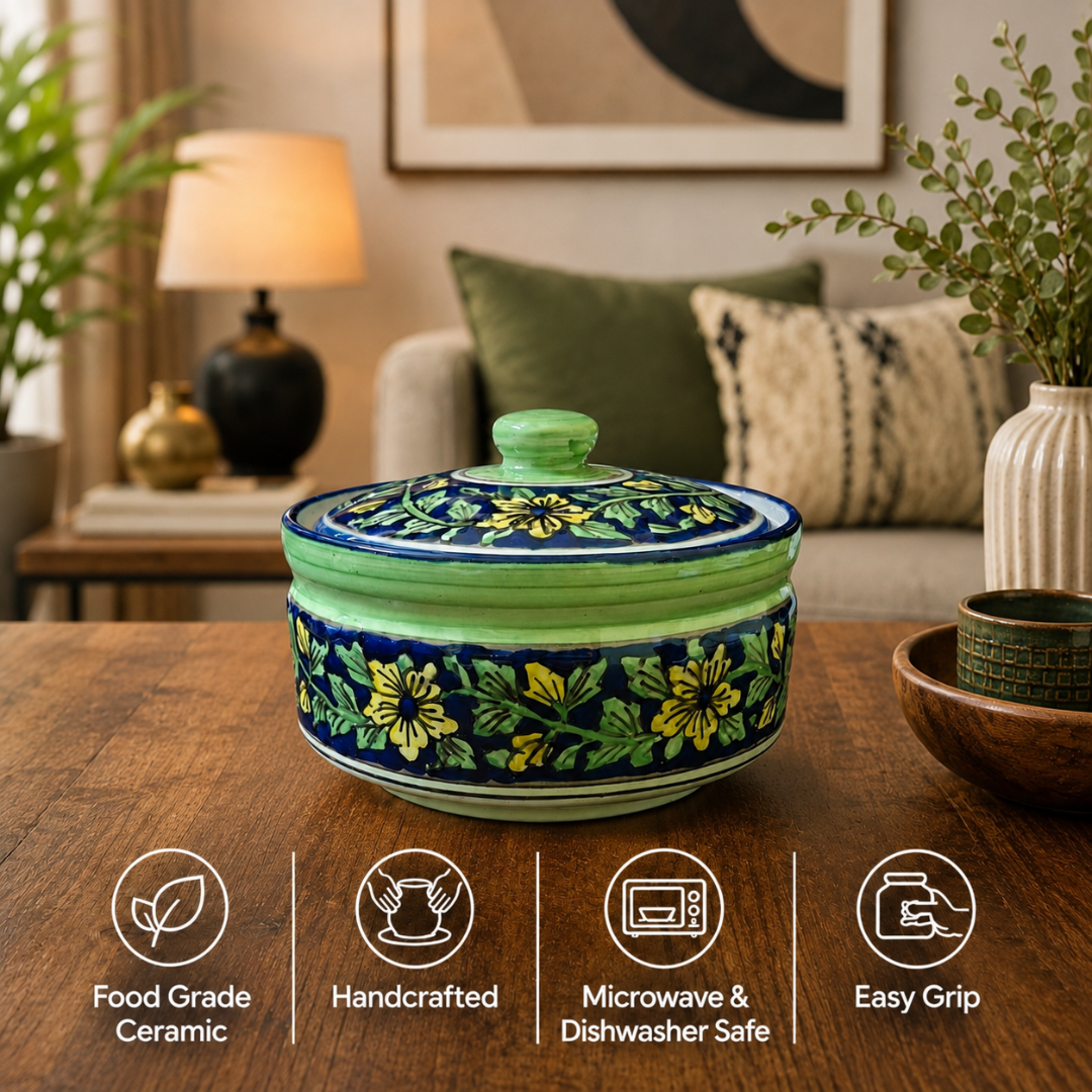 Olive Crest Handcrafted Ceramic Casserole with Lid, 1200 ml | Premium Food Grade Ceramic | Microwave & Dishwasher Safe | Ideal for Rice, Biryani, Dal, Curry, Pasta & Desserts
