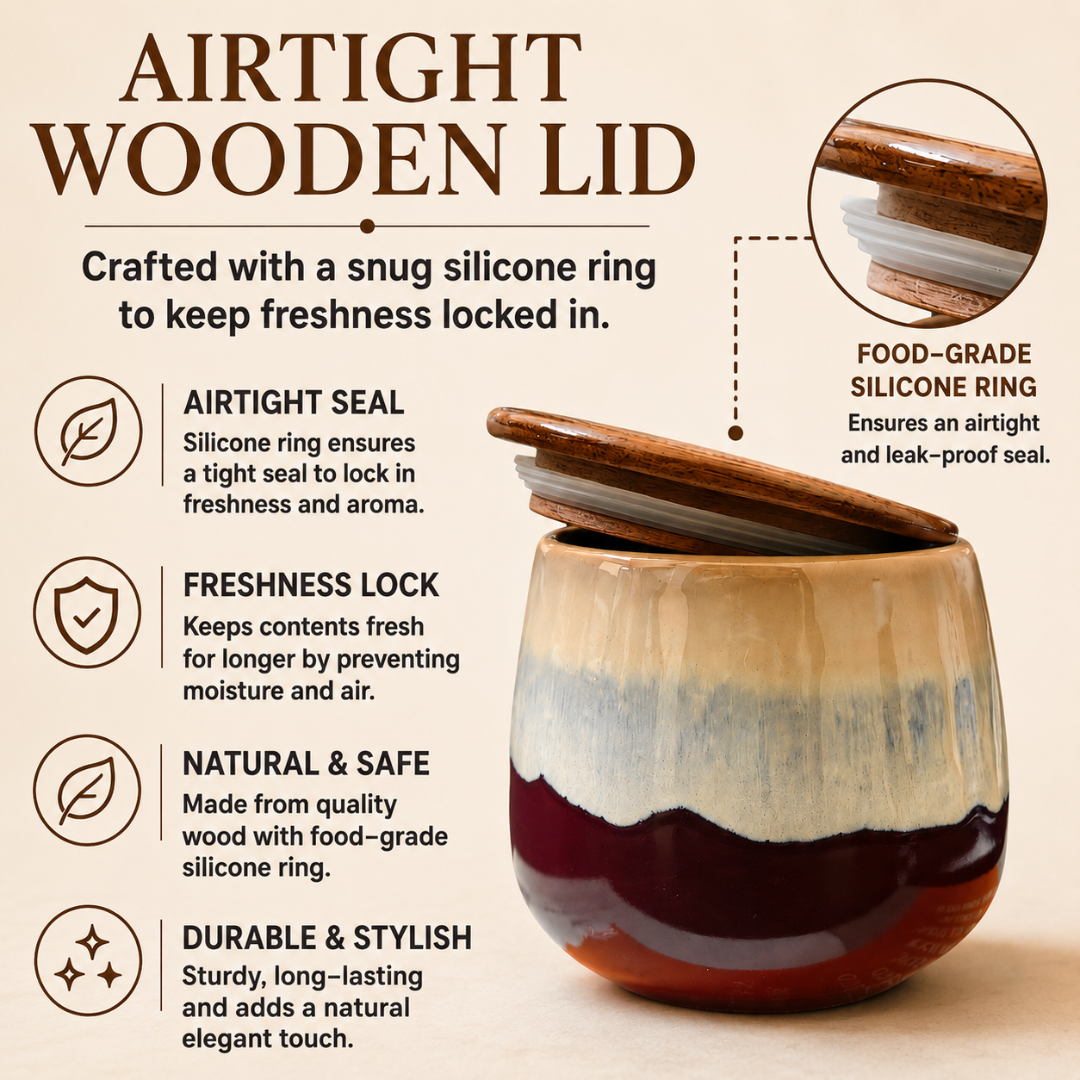 Rustic Harmony Airtight Ceramic Storage Jar Set of 2 with Wooden Lids & Silicone Seal | 300 ml Each | Food-Grade Kitchen Storage Containers for Tea, Coffee, Sugar, Dry Fruits, Spices & Mouth Freshener