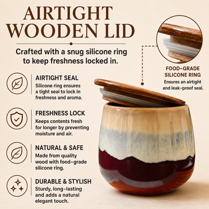 Rustic Harmony Airtight Ceramic Storage Jar Set of 2 with Wooden Lids & Silicone Seal | 300 ml Each | Food-Grade Kitchen Storage Containers for Tea, Coffee, Sugar, Dry Fruits, Spices & Mouth Freshener