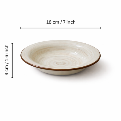 Cocoa Elegance Dining Combo (Set of 4) - 2 Ceramic Deep Plates & 2 Glasses (250 ml) | Premium Brown Rim Finish | Ideal for Idli, Pasta, Noodles & Desserts | Microwave & Dishwasher Safe