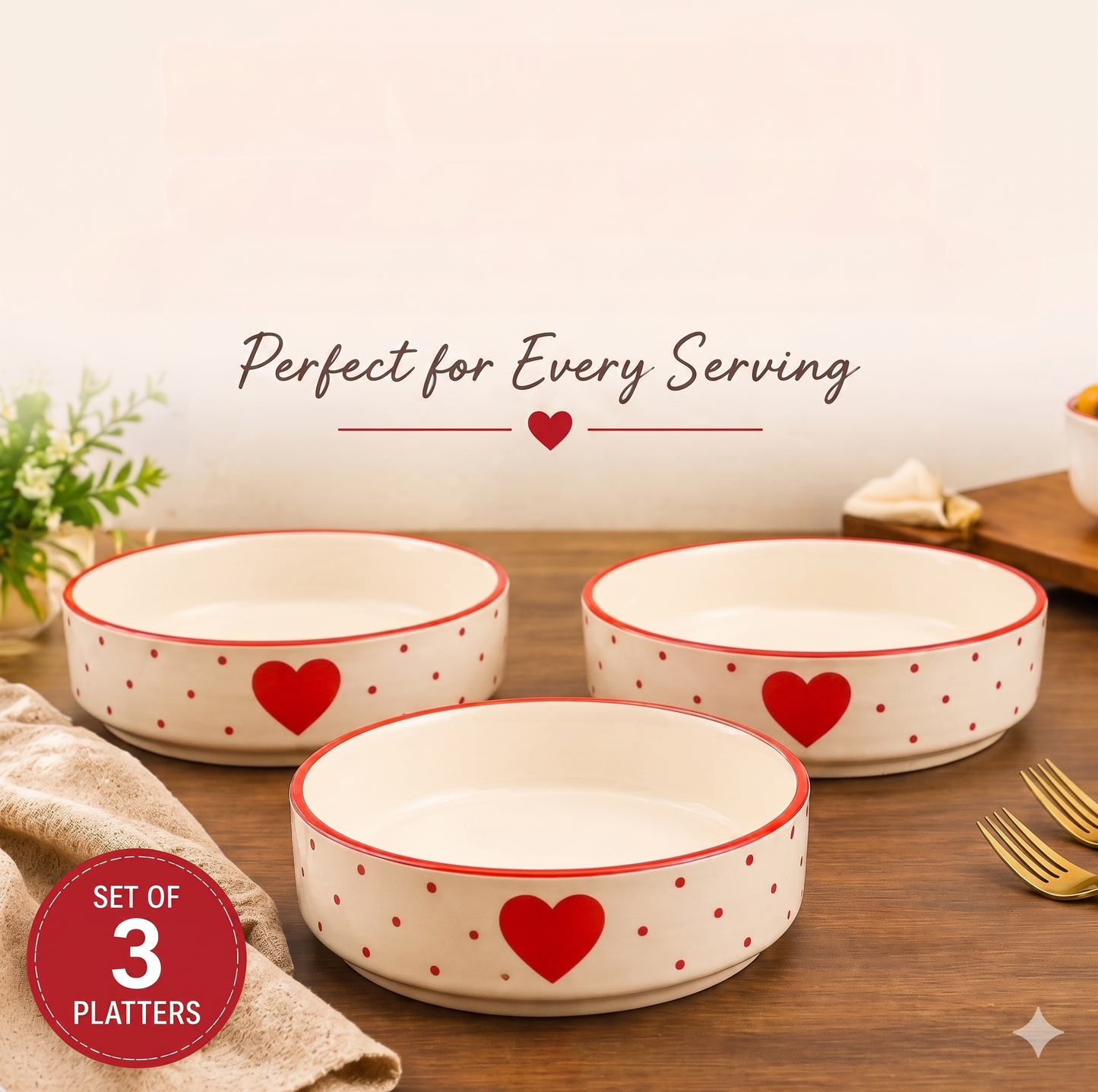 Heart Bliss Hand-painted Ceramic Serving Platter Set of 3 | Premium Salad, Starter & Curry Serving Dishes