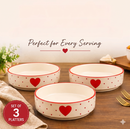 Heart Bliss Hand-painted Ceramic Serving Platter Set of 3 | Premium Salad, Starter & Curry Serving Dishes