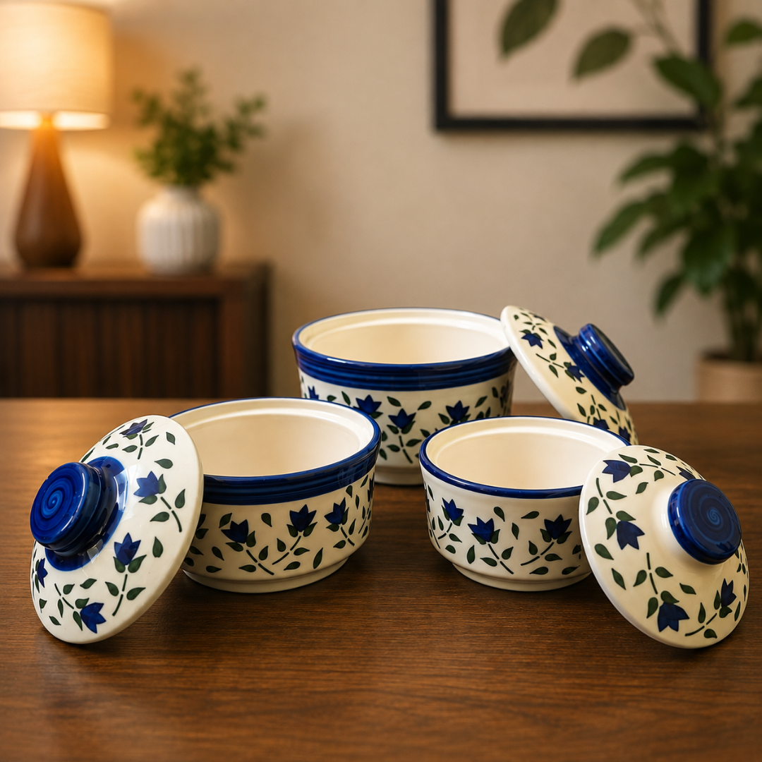 Royal Bloom Ceramic Donga Set of 3 with Lids | 850 ml, 550 ml & 300 ml | Serving Casserole for Biryani, Rice, Dal, Curry & Sweet | Microwave & Dishwasher Safe