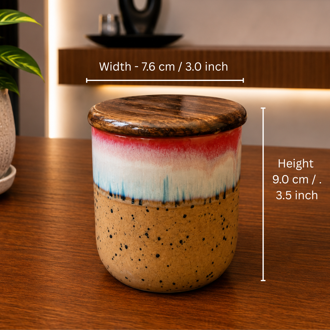Sunrise Glaze Ceramic Jar Set of 2, 220 ml Each, with Airtight Wooden Lids, 2 Wooden Spoons & Ceramic Bottom Tray | Handcrafted Food Storage Containers for Tea, Coffee, Sugar, Spices & Dry Fruits