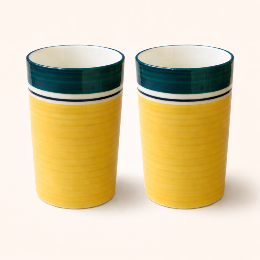 Sunflower Grove Dining Combo (Set of 4) – 2 Ceramic Deep Plates & 2 Glasses (250 ml) | Yellow & Green Premium Tableware  | Ideal for Idli, Pasta, Noodles & Desserts | Microwave & Dishwasher Safe