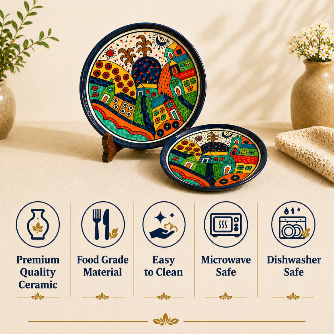 Boho Village Hand-painted Ceramic Platter Set (Set of 2) | 1 Dinner Plate + 1 Quarter Plate | Multi-Colour Folk Art Design | Serving Platters for Snacks, Starters & Meals