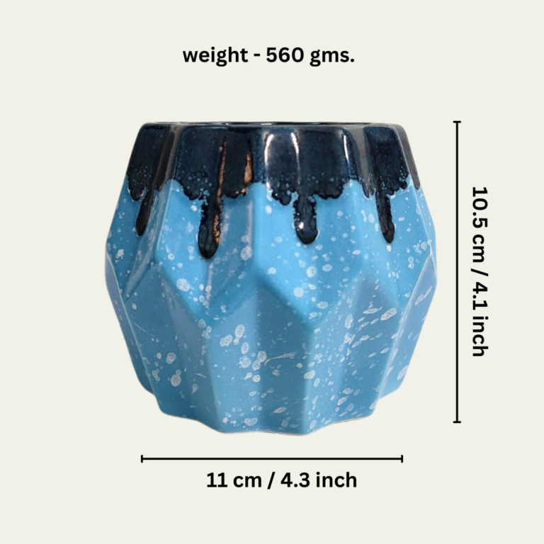 Stylish Zig-Zag Pattern Ceramic Planter with Bottom Hole – Sky Blue & Dark Blue Flow Paint Pattern