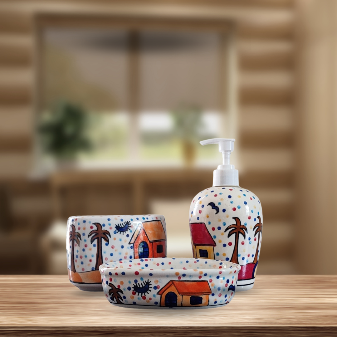 Multicolour Hut Painting Ceramic Bathroom Accessories Set of 3 with Liquid Soap Dispenser, Toothbrush Holder & Soap Dish