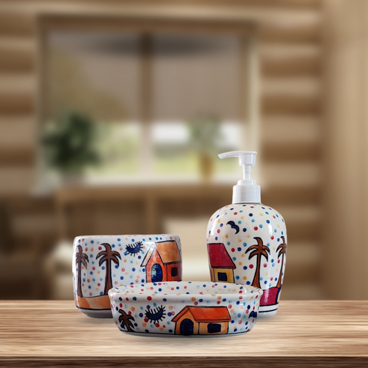 Multicolour Hut Painting Ceramic Bathroom Accessories Set of 3 with Liquid Soap Dispenser, Toothbrush Holder & Soap Dish