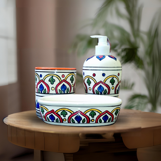 “Elegant Arch Blossom – Red ” Hand-Painted Ceramic Bath Set of 3 with Liquid Soap Dispenser, Toothbrush Holder & Soap Dish Best Gifting Options