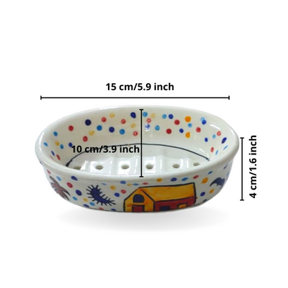 Ceramic Soap Dish | Ceramic Soap Case | Multi Colour Hut Painting – Set of 2