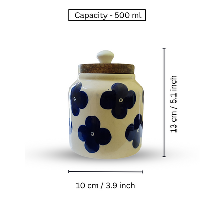 Blue Blossom” Air Tight Ceramic Jars with Wooden Lid For Storing Tea/ Sugar/ Pickle/ Jam etc. – Set Of 2