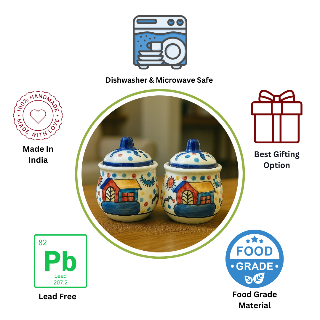Sunny Village Ceramic Jar set of 2 ( 350 ml each ) for storing Spices, Sugar, Dry fruits, Pickle, Jam or knick-knacks.