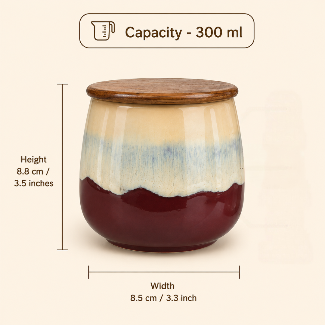 Rustic Harmony Airtight Ceramic Storage Jar Set of 2 with Wooden Lids & Silicone Seal | 300 ml Each | Food-Grade Kitchen Storage Containers for Tea, Coffee, Sugar, Dry Fruits, Spices & Mouth Freshener