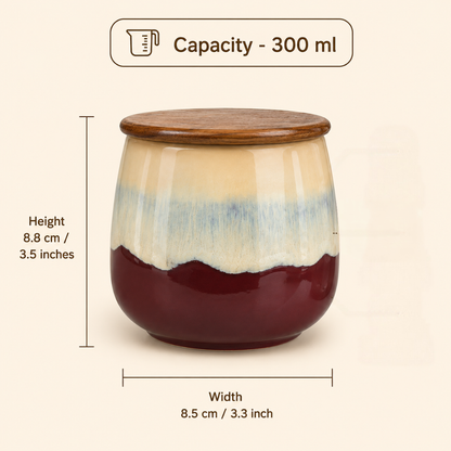 Rustic Harmony Airtight Ceramic Storage Jar Set of 2 with Wooden Lids & Silicone Seal | 300 ml Each | Food-Grade Kitchen Storage Containers for Tea, Coffee, Sugar, Dry Fruits, Spices & Mouth Freshener