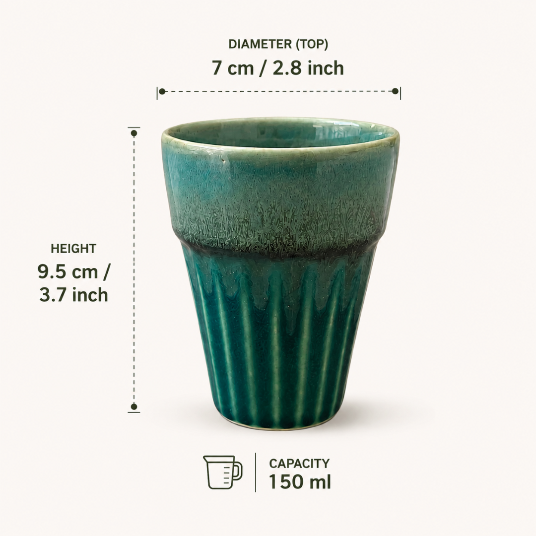 Regal Sip Ceramic Tea Glass Set of 6 (150 ml Each) with Premium Metal Stand | Chai Glasses Set