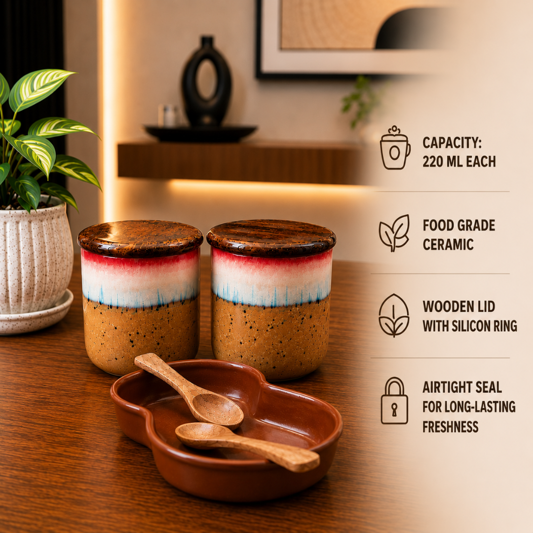Sunrise Glaze Ceramic Jar Set of 2, 220 ml Each, with Airtight Wooden Lids, 2 Wooden Spoons & Ceramic Bottom Tray | Handcrafted Food Storage Containers for Tea, Coffee, Sugar, Spices & Dry Fruits