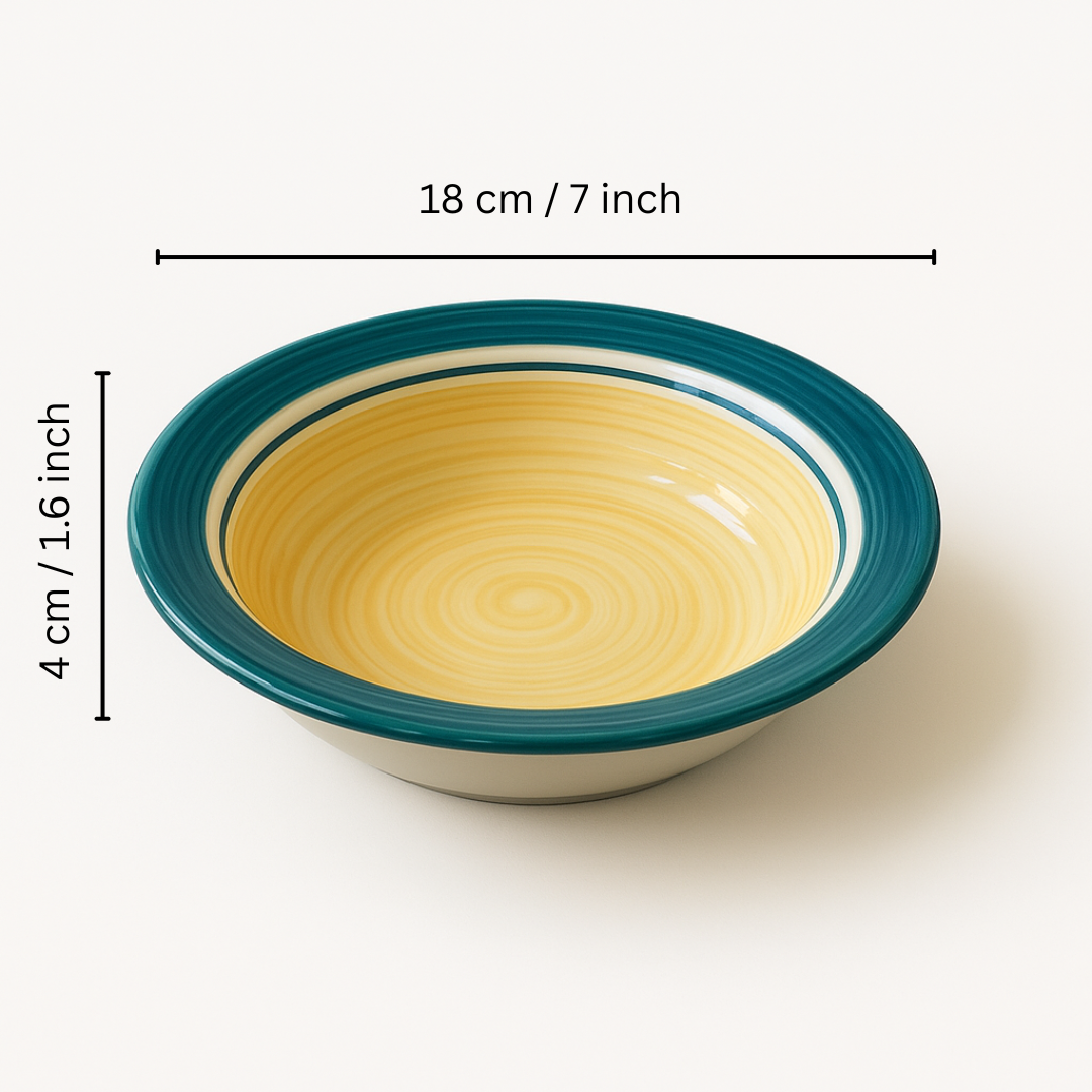 Sunflower Grove Dining Combo (Set of 4) – 2 Ceramic Deep Plates & 2 Glasses (250 ml) | Yellow & Green Premium Tableware  | Ideal for Idli, Pasta, Noodles & Desserts | Microwave & Dishwasher Safe