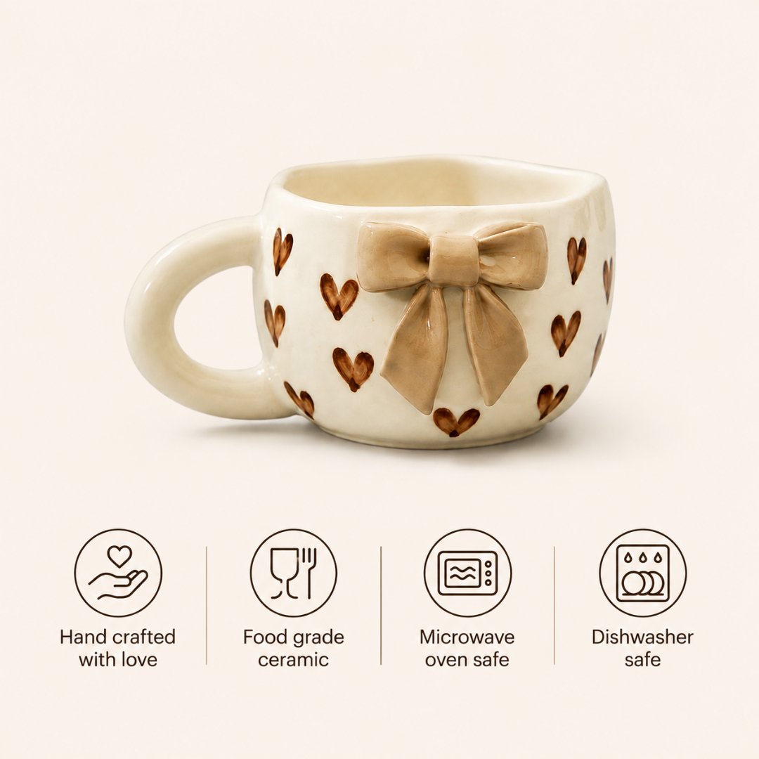 Elegant Bow Ceramic Cup Set of 2 (250 ml Each) | Premium Food Grade Ceramic Coffee & Tea Mugs