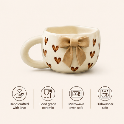 Elegant Bow Ceramic Cup Set of 2 (250 ml Each) | Premium Food Grade Ceramic Coffee & Tea Mugs