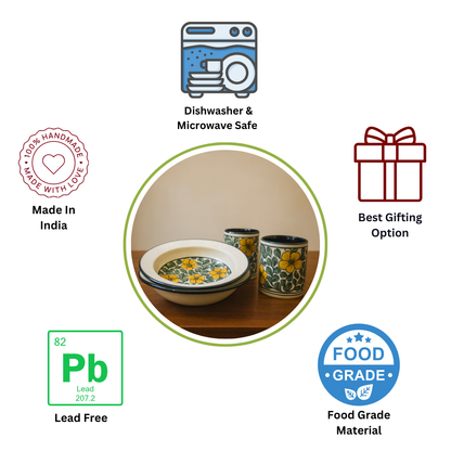 Yellow Blossom Handcrafted Ceramic Plate & Glass Set ( 2 Deep Plates + 2 Tumbler ) Premium Dining & Gifting