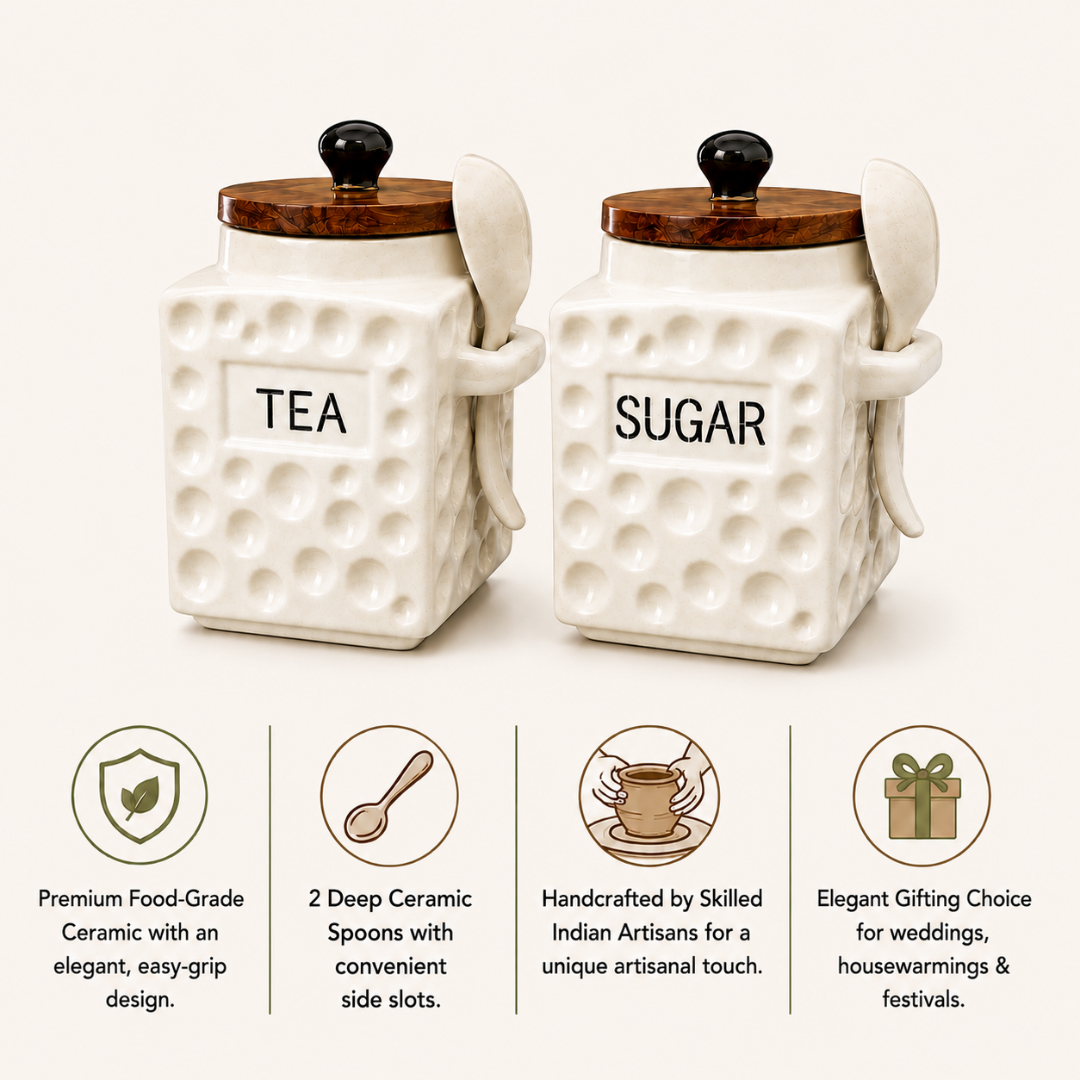 Ceramic Tea & Sugar Jar Set of 2 | 600 ml Each | Wooden Lids with Silicone Seal | Ceramic Spoons & Side Slots
