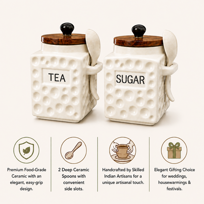 Ceramic Tea & Sugar Jar Set of 2 | 600 ml Each | Wooden Lids with Silicone Seal | Ceramic Spoons & Side Slots