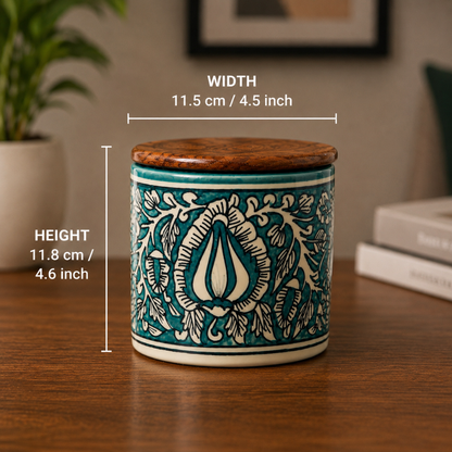 Royal Elegance Handcrafted Ceramic Jar Set of - 2 with Airtight Wooden Lid, 750 ml, Hand-Painted Storage Jar for Tea, Coffee, Sugar & Dry Fruits