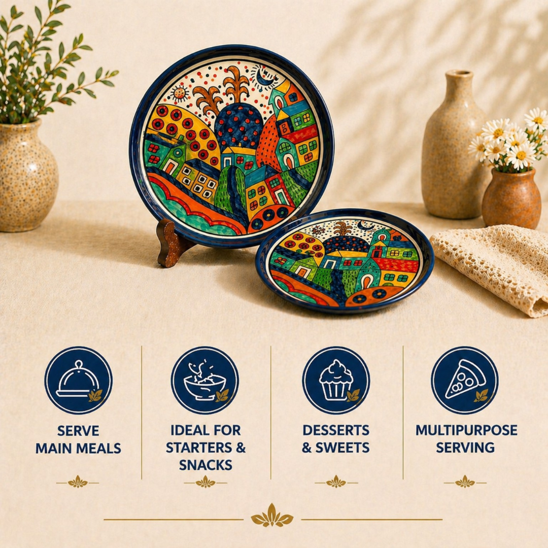 Boho Village Hand-painted Ceramic Platter Set (Set of 2) | 1 Dinner Plate + 1 Quarter Plate | Multi-Colour Folk Art Design | Serving Platters for Snacks, Starters & Meals