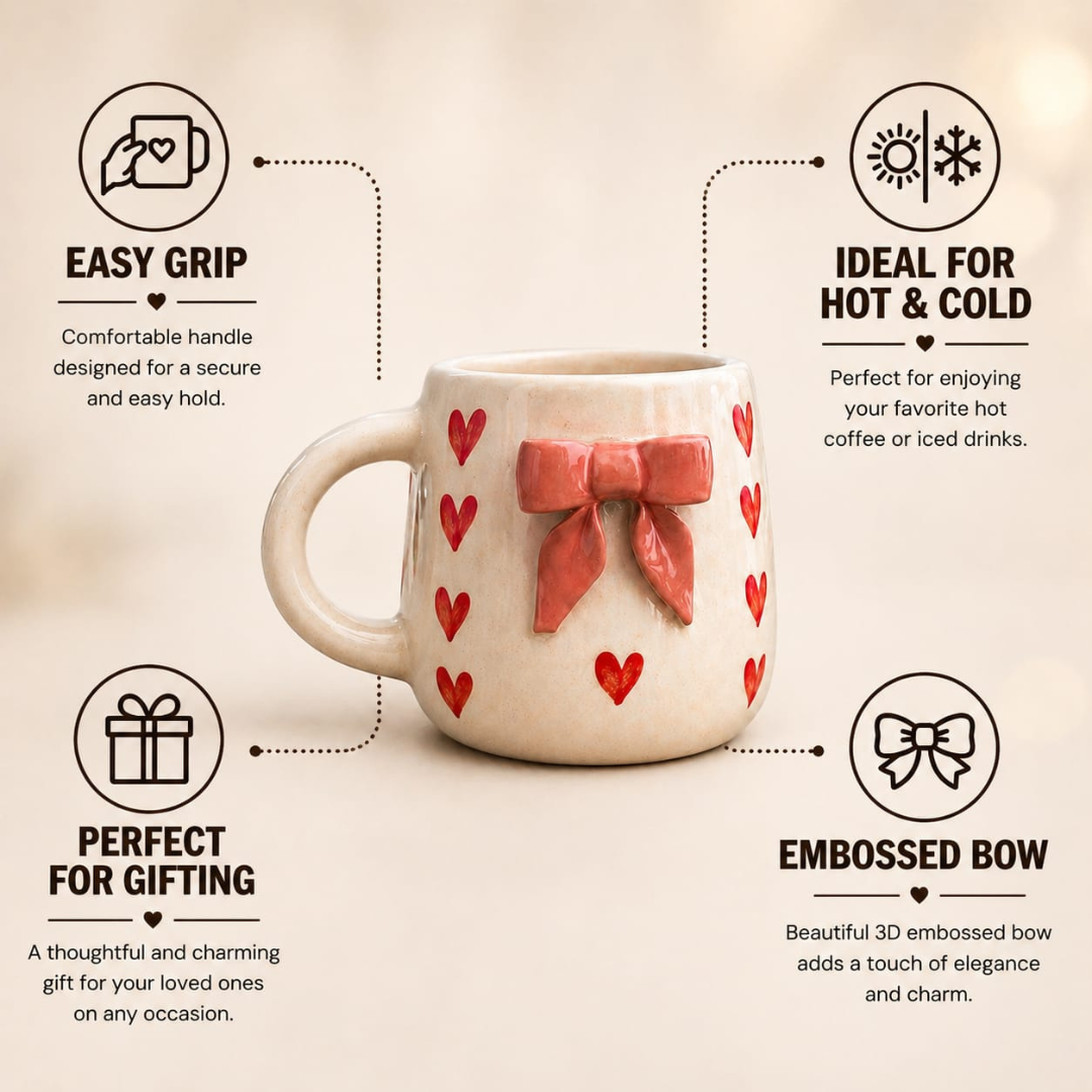 Sweet Heart Bow Ceramic Mug Set of 2, (Red Heart Design, 350 ml) - Premium Coffee. Tea  & Milk Mugs with 3D Bow, Microwave & Dishwasher Safe, Perfect Gift for any occasion & Daily Use