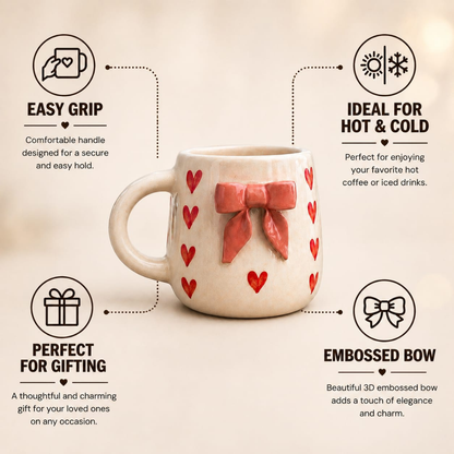 Sweet Heart Bow Ceramic Mug Set of 2, (Red Heart Design, 350 ml) - Premium Coffee. Tea  & Milk Mugs with 3D Bow, Microwave & Dishwasher Safe, Perfect Gift for any occasion & Daily Use